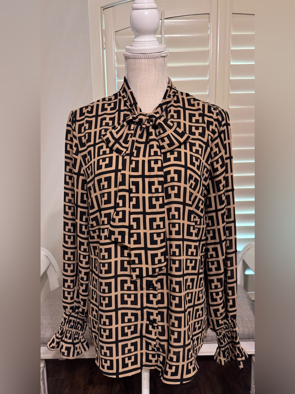 New York & Company Beige and Black Geometric Tie-Neck Blouse